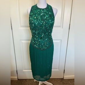 100% Silk De Oscar Collection Green Halter Beaded Vintage Dress Size 8